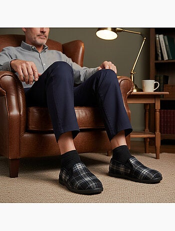 Ozabi pantoufles charentaises homme fourrées, tige textile à carreaux