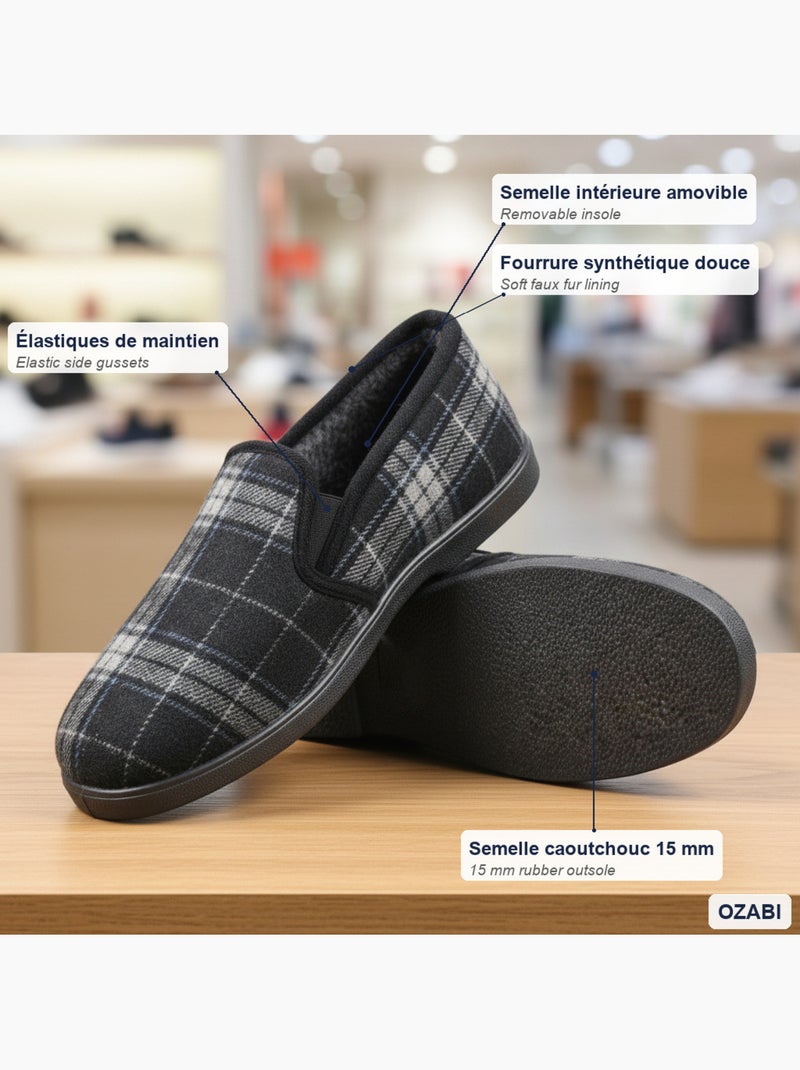 Ozabi pantoufles charentaises homme fourrées, tige textile à carreaux Noir - Kiabi