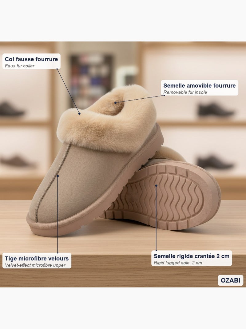 Ozabi pantoufles femme hiver scandinave, semelle crantée intérieur extérieur Taupe - Kiabi