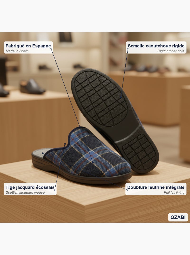 Ozabi pantoufles mules homme fabriquées en espagne, tige jacquard écossais Bleu marine - Kiabi