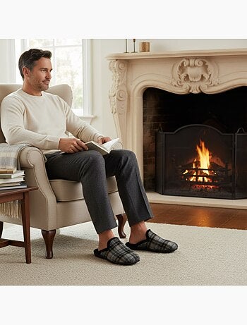 Ozabi pantoufles mules homme fabriquées en espagne, tige jacquard écossais