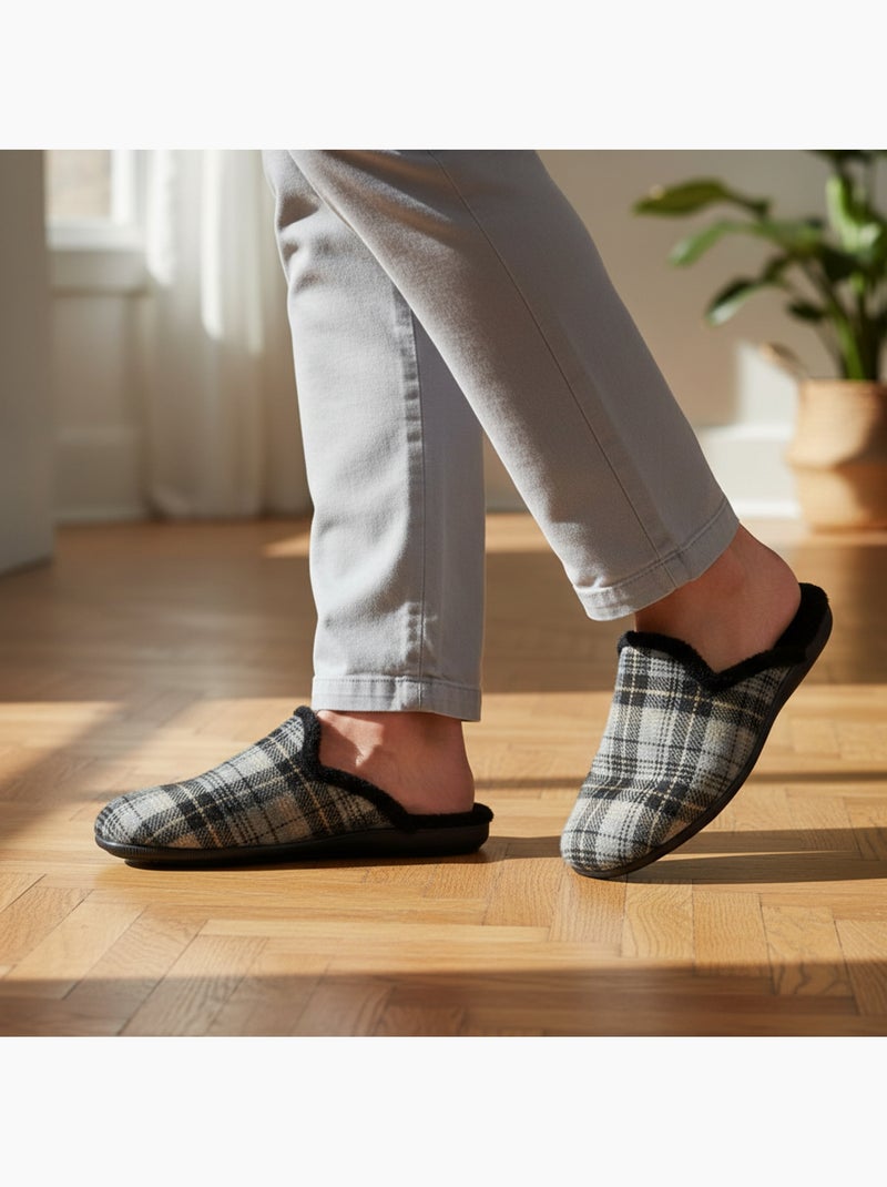 Ozabi pantoufles mules homme fabriquées en espagne, tige jacquard écossais gris anthracite - Kiabi