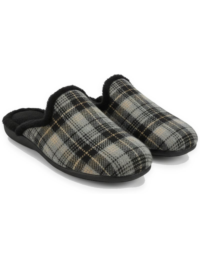Ozabi pantoufles mules homme fabriquées en espagne, tige jacquard écossais gris anthracite - Kiabi
