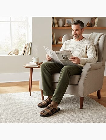 Ozabi pantoufles mules homme fabriquées en espagne, tige jacquard écossais