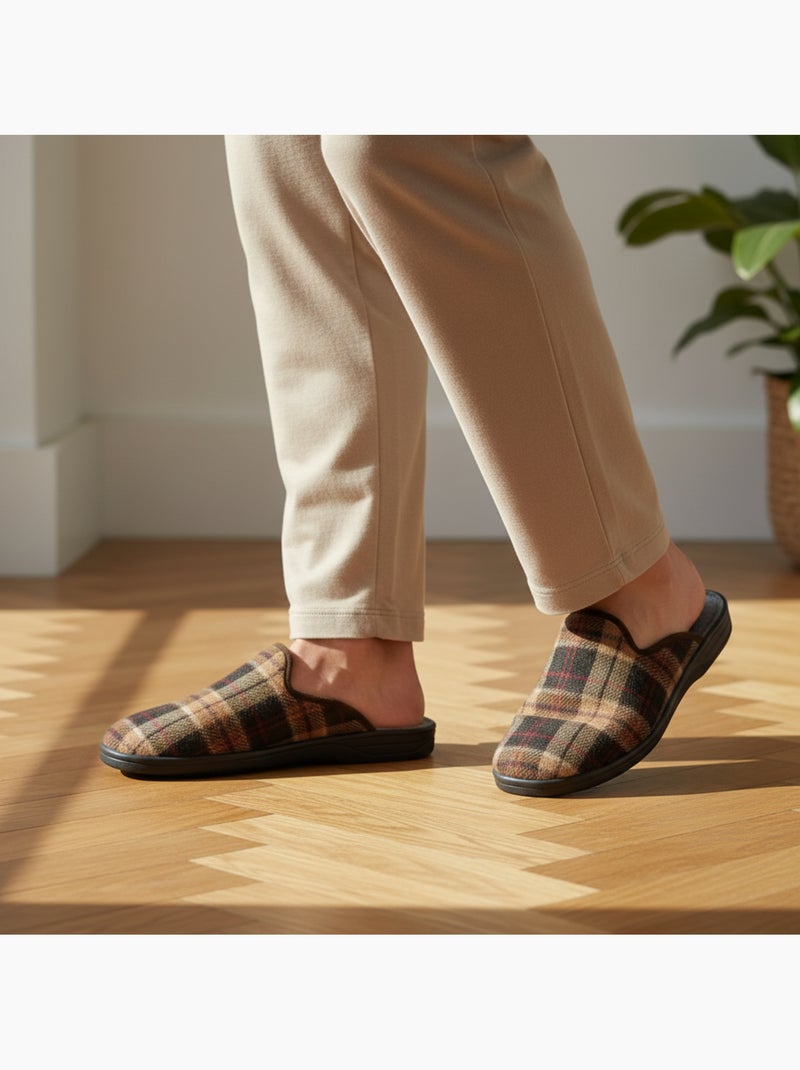 Ozabi pantoufles mules homme fabriquées en espagne, tige jacquard écossais Marron - Kiabi