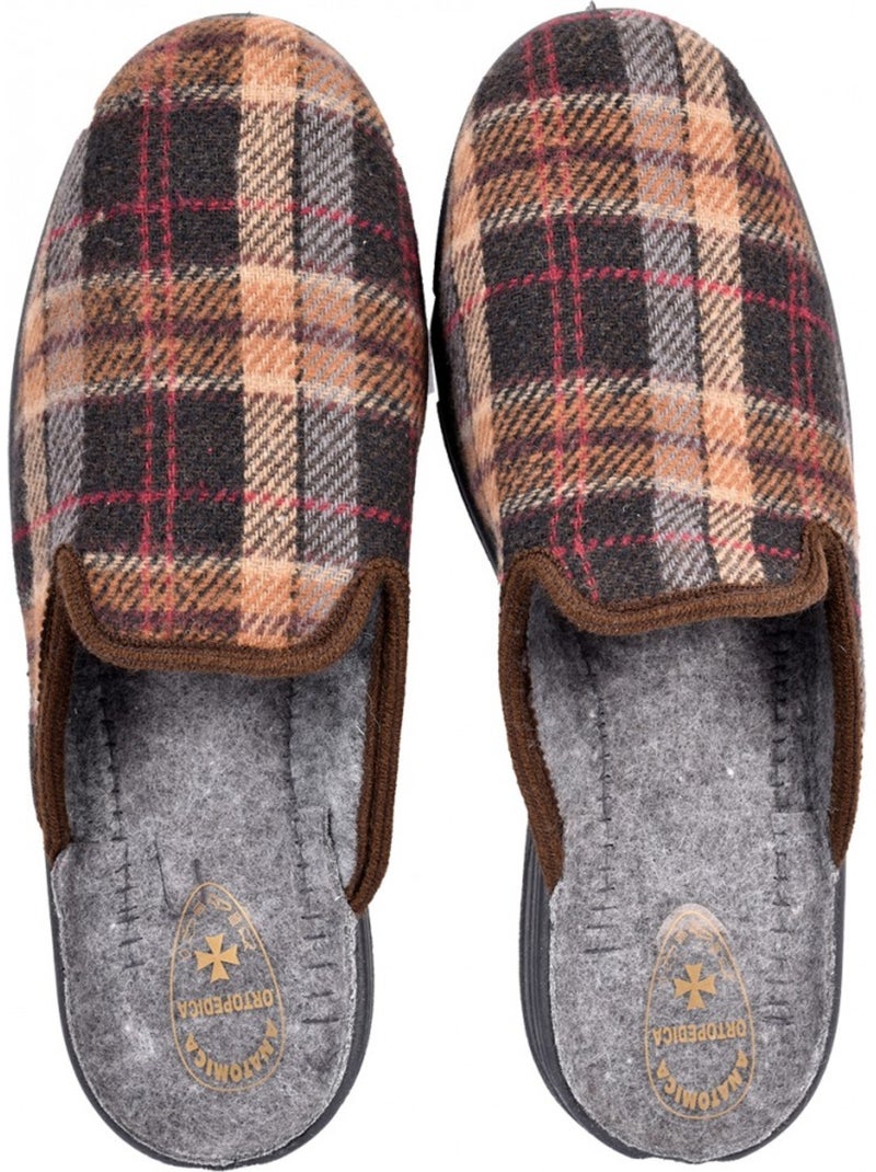 Ozabi pantoufles mules homme fabriquées en espagne, tige jacquard écossais Marron - Kiabi