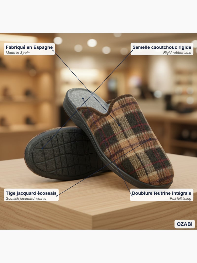 Ozabi pantoufles mules homme fabriquées en espagne, tige jacquard écossais Marron - Kiabi