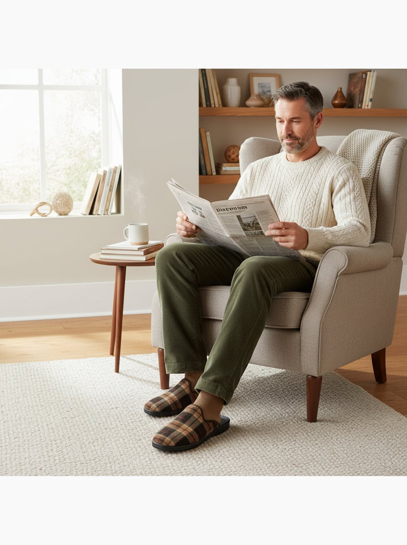 Ozabi pantoufles mules homme fabriquées en espagne, tige jacquard écossais Marron - Kiabi