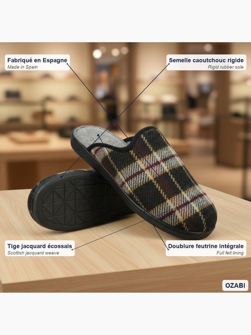 Ozabi pantoufles mules homme fabriquées en espagne, tige jacquard écossais Noir - Kiabi