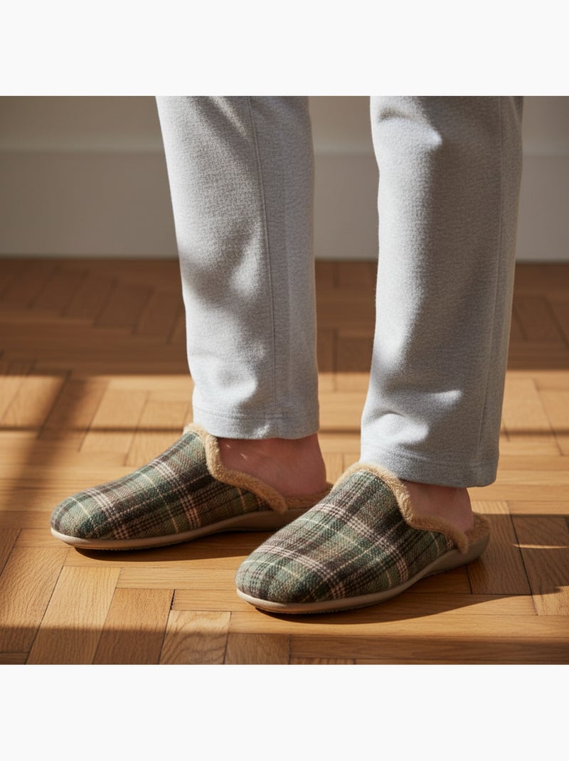 Ozabi pantoufles mules homme fabriquées en espagne, tige jacquard écossais Taupe - Kiabi