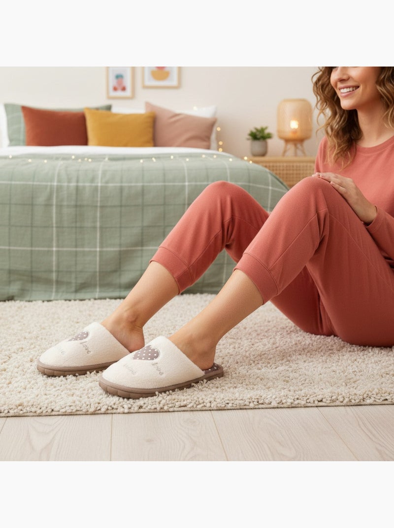 Ozabi pantoufles ouvertes femme, fausse fourrure, cœur à pois brodé love Marron - Kiabi