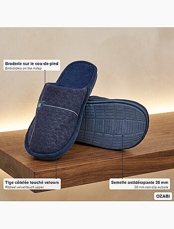 Ozabi pantoufles ouvertes homme antidérapantes côtelé velours broderie