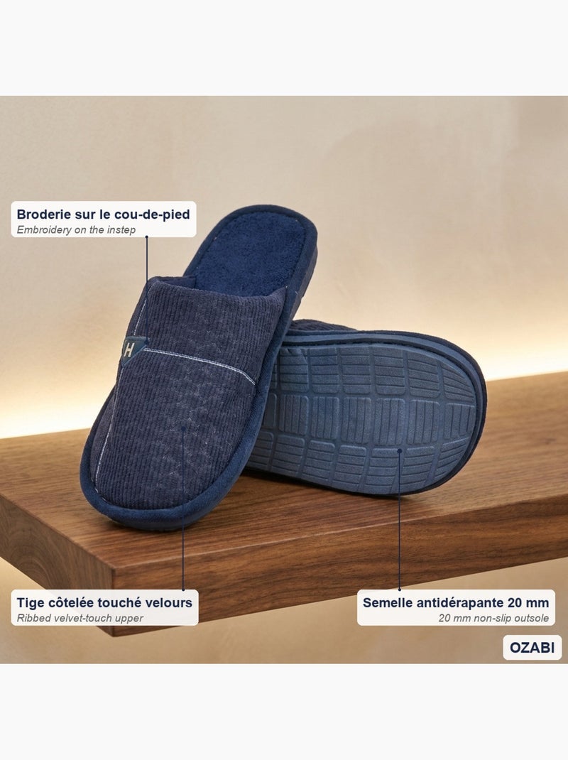Ozabi pantoufles ouvertes homme antidérapantes côtelé velours broderie Bleu marine - Kiabi