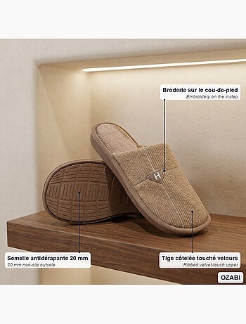 Ozabi pantoufles ouvertes homme antidérapantes côtelé velours broderie