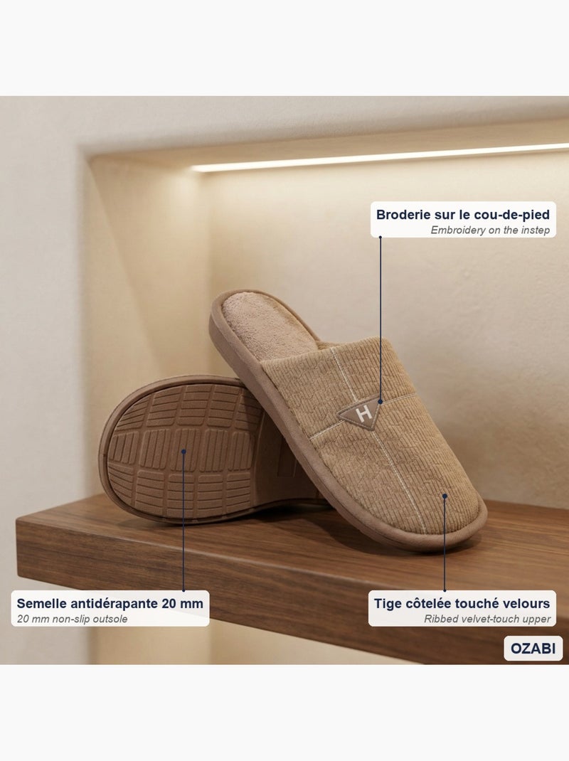Ozabi pantoufles ouvertes homme antidérapantes côtelé velours broderie Taupe - Kiabi