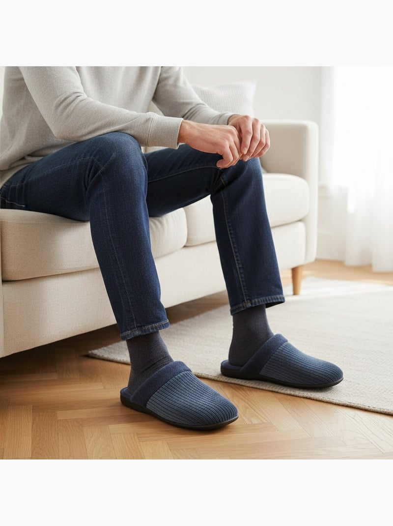 Ozabi pantoufles ouvertes homme, côtelé aspect velours, semelle antidérapante Bleu marine - Kiabi