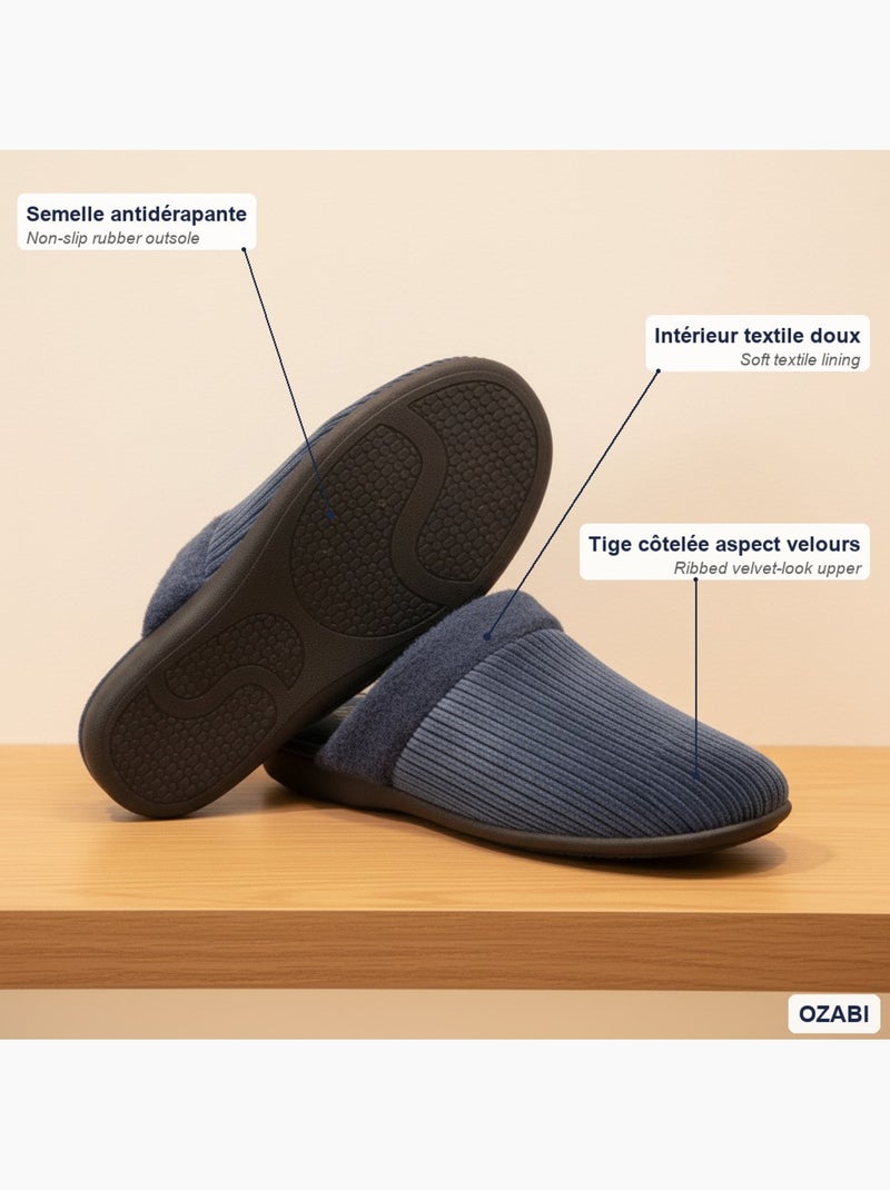 Ozabi pantoufles ouvertes homme, côtelé aspect velours, semelle antidérapante Bleu marine - Kiabi