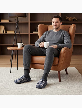 Ozabi pantoufles ouvertes homme, jacquard écossais, semelle antidérapante