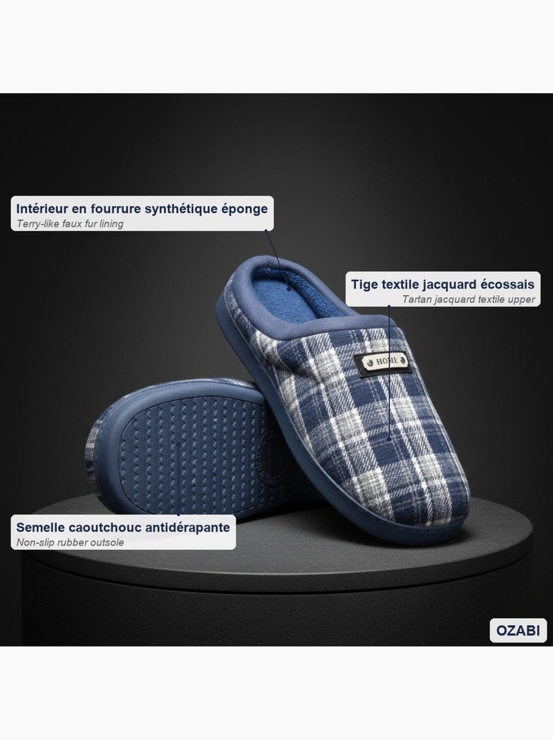 Ozabi pantoufles ouvertes homme, jacquard écossais, semelle antidérapante Bleu marine - Kiabi