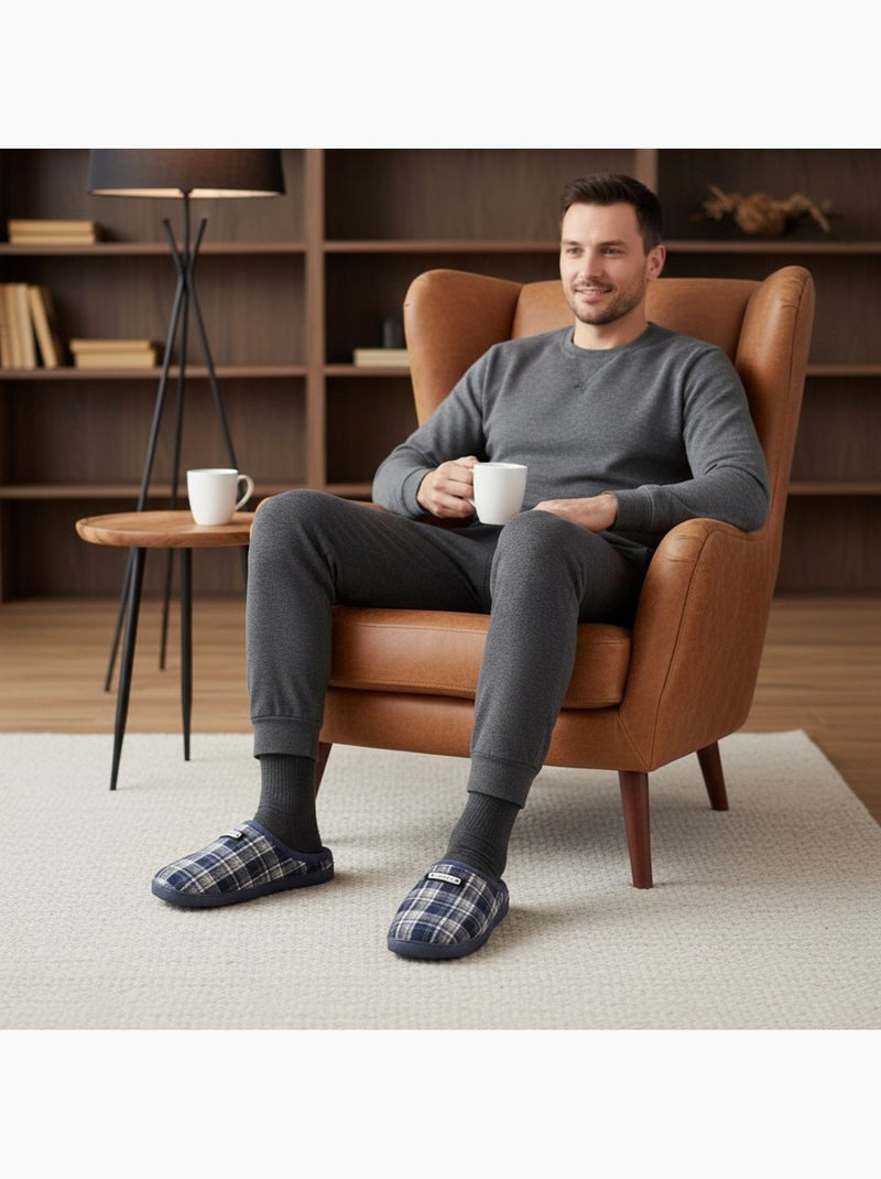 Ozabi pantoufles ouvertes homme, jacquard écossais, semelle antidérapante Bleu marine - Kiabi