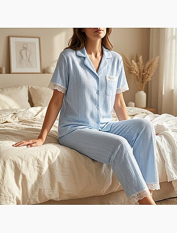 OZABI Pyjama Femme Long Boutonné Dentelle Tissu Ultra Léger