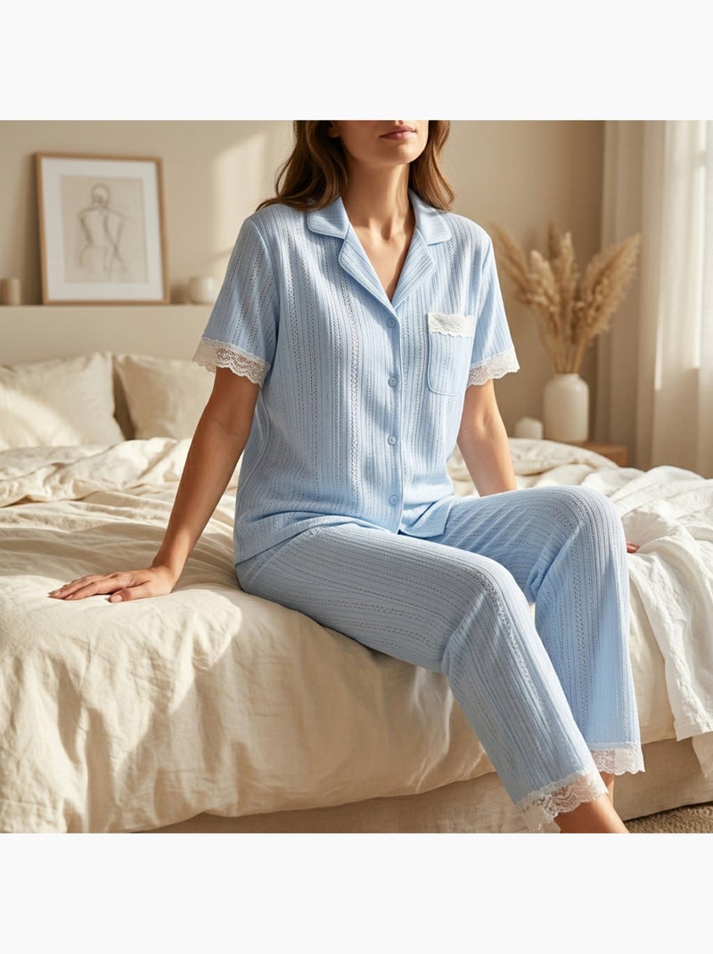 OZABI Pyjama Femme Long Boutonné Dentelle Tissu Ultra Léger Bleu - Kiabi