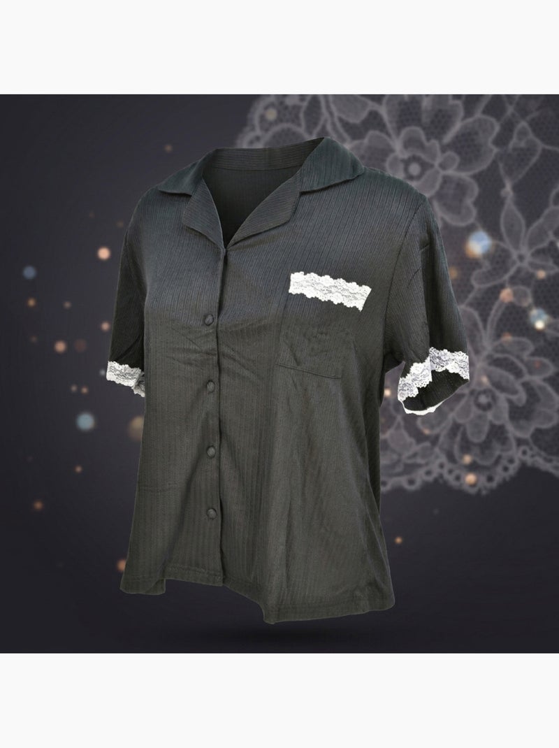 OZABI Pyjama Femme Long Boutonné Dentelle Tissu Ultra Léger Noir - Kiabi