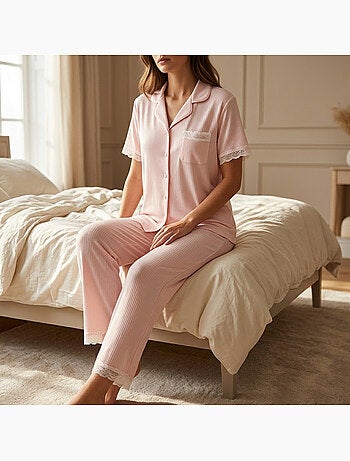 OZABI Pyjama Femme Long Boutonné Dentelle Tissu Ultra Léger