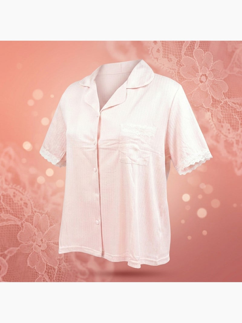 OZABI Pyjama Femme Long Boutonné Dentelle Tissu Ultra Léger Rose - Kiabi