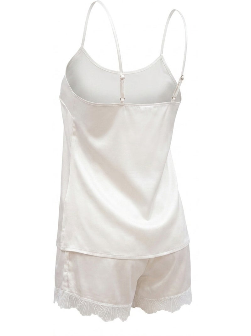 Ozabi pyjama femme satiné débardeur col v dentelle effet soie short Blanc - Kiabi