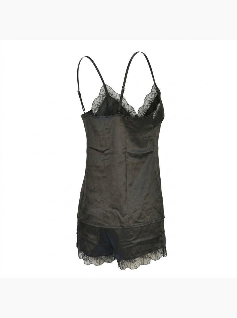 Ozabi pyjama femme satiné débardeur col v dentelle effet soie short Noir - Kiabi