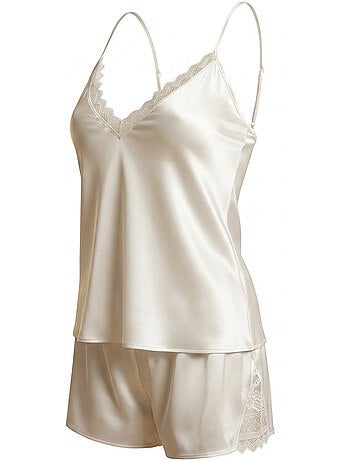 OZABI Pyjama Femme Satiné Débardeur Dentelle Col V Toucher Soie