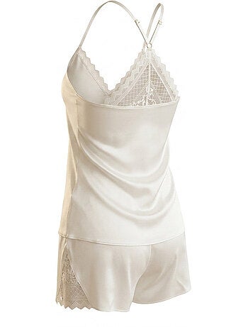 OZABI Pyjama Femme Satiné Débardeur Dentelle Col V Toucher Soie