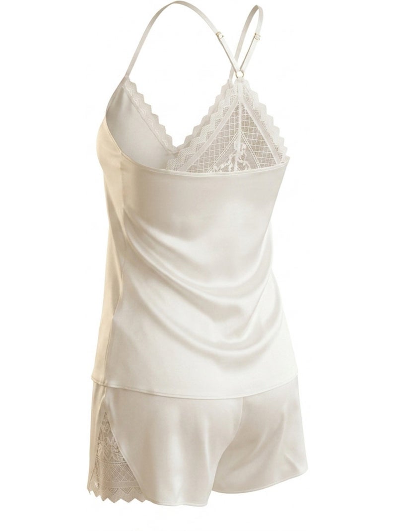 OZABI Pyjama Femme Satiné Débardeur Dentelle Col V Toucher Soie Blanc - Kiabi