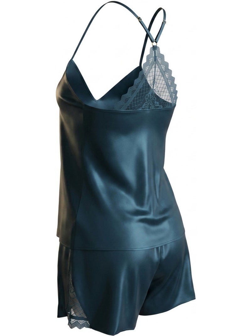OZABI Pyjama Femme Satiné Débardeur Dentelle Col V Toucher Soie Bleu canard - Kiabi