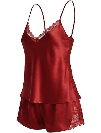 OZABI Pyjama Femme Satiné Débardeur Dentelle Col V Toucher Soie