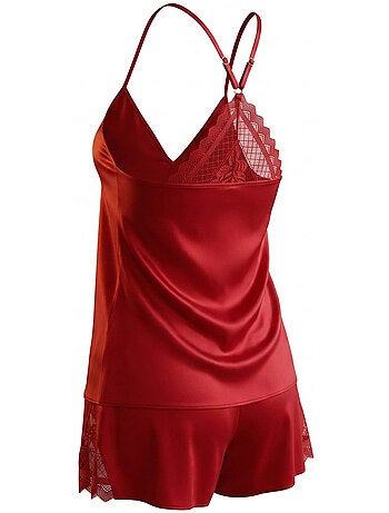 OZABI Pyjama Femme Satiné Débardeur Dentelle Col V Toucher Soie
