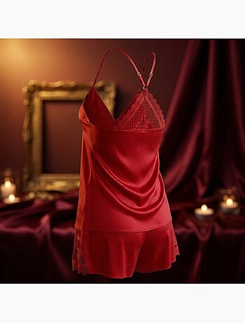 OZABI Pyjama Femme Satiné Débardeur Dentelle Col V Toucher Soie