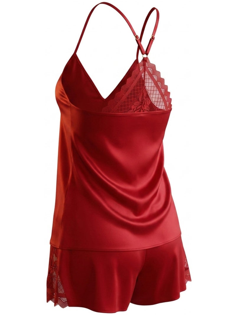 OZABI Pyjama Femme Satiné Débardeur Dentelle Col V Toucher Soie Bordeaux - Kiabi