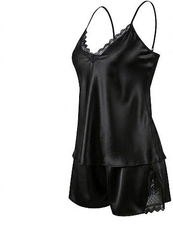 OZABI Pyjama Femme Satiné Débardeur Dentelle Col V Toucher Soie