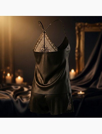 OZABI Pyjama Femme Satiné Débardeur Dentelle Col V Toucher Soie