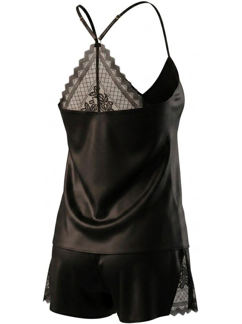 OZABI Pyjama Femme Satiné Débardeur Dentelle Col V Toucher Soie Noir - Kiabi
