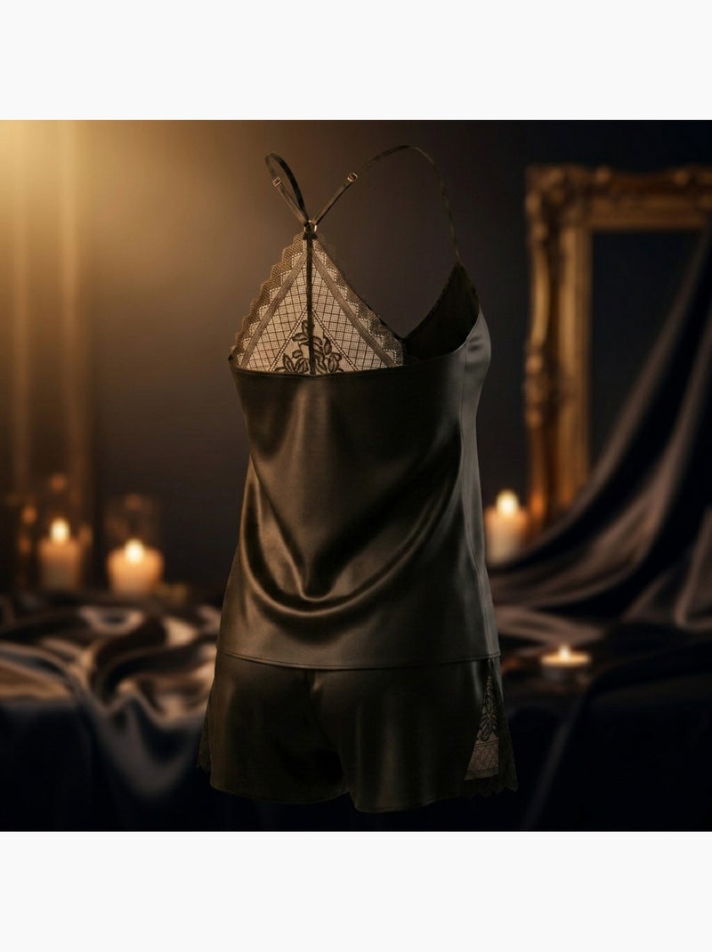 OZABI Pyjama Femme Satiné Débardeur Dentelle Col V Toucher Soie Noir - Kiabi