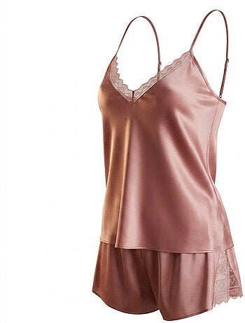OZABI Pyjama Femme Satiné Débardeur Dentelle Col V Toucher Soie