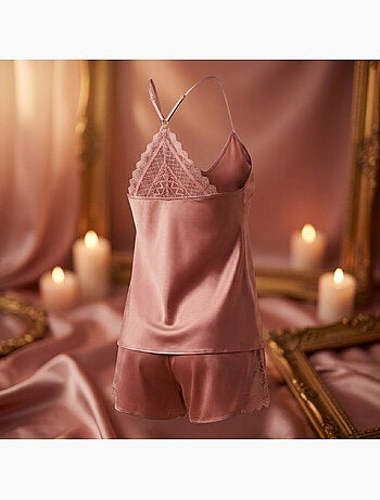 OZABI Pyjama Femme Satiné Débardeur Dentelle Col V Toucher Soie