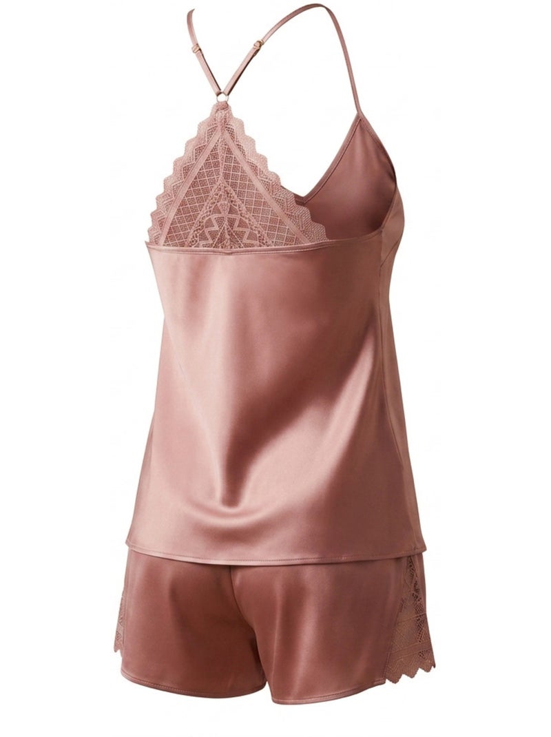 OZABI Pyjama Femme Satiné Débardeur Dentelle Col V Toucher Soie Rose - Kiabi