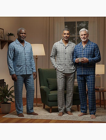 Ozabi pyjama homme boutonné pack de 3, coton doublé polaire, manches longues