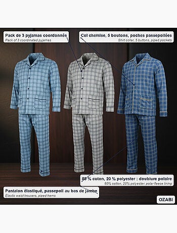 Ozabi pyjama homme boutonné pack de 3, coton doublé polaire, manches longues