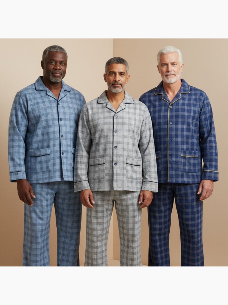 Ozabi pyjama homme boutonné pack de 3, coton doublé polaire, manches longues Gris Bleu - Kiabi
