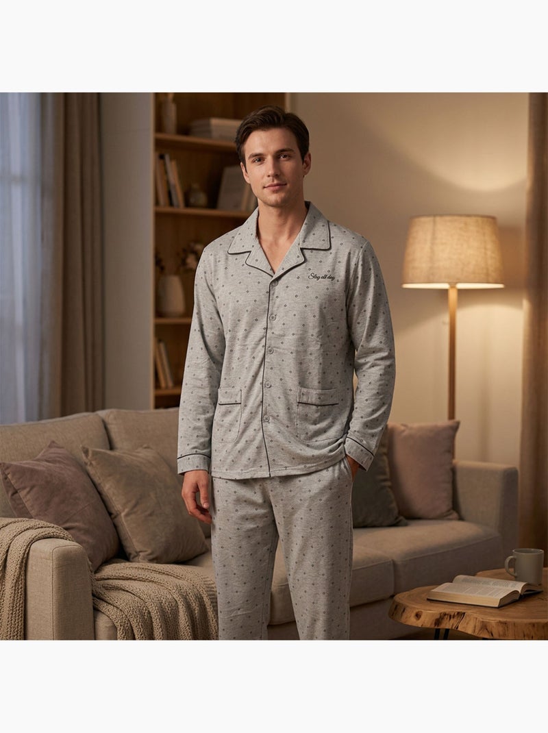 OZABI Pyjama Homme Long Boutonne Col Chemise Ultra Doux Bleu marine - Kiabi